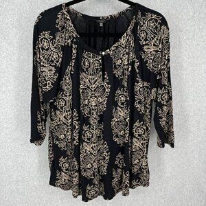 Lucky Brand Boho Tunic Top Blouse Size 3X Black Tan Paisley Print Stretch EUC